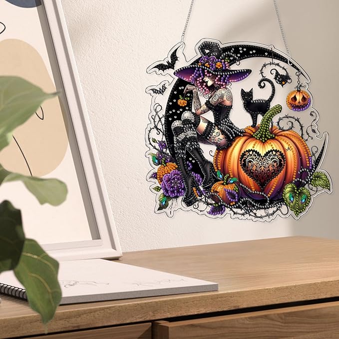 VODAPYC Halloween Witch Diamond Art Hanging Kit for Adults, DIY Double Sided Special Shaped Diamonds Art Window Pendant Ornament for Home Decor(Halloween Witch)