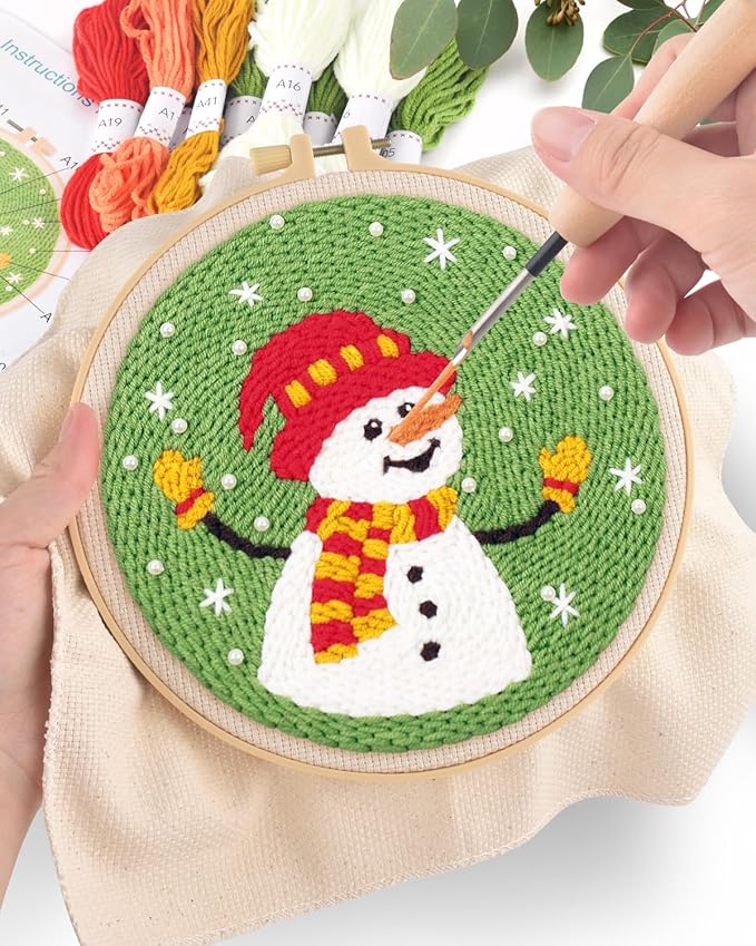 ERKOON Christmas Punch Needle Kit Adults Beginners, 2 Pcs DIY Easy Embroidery Set for Starter Art Craft, Needling Punch Project with Patterns, Tools, Yarns, Hoop, Instruction (ChristmasTree & Snowman)
