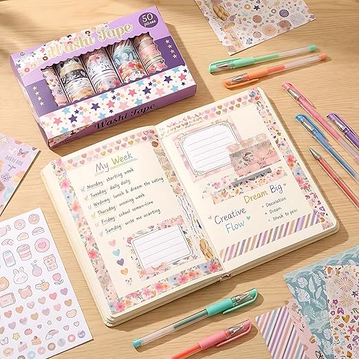 50 Rolls Washi Tape Set, Assorted Sizes, for Junk Journal Scrapbook, Bullet Journaling Scrapbooking Supplies, Planner Sticker DIY Craft Decor (Whimsical Doodles)