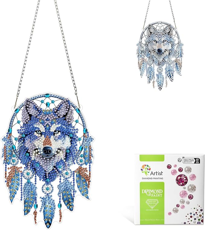 MAXBYE Diamond Art Kits for Adults Hanging Pendant, Wolf Dreamcatcher DIY Special Shaped Diamonds Painting Double Sided Rhinestone Gem Art for Beginners Gift Window Wall Door Decoration 8×8 Inch