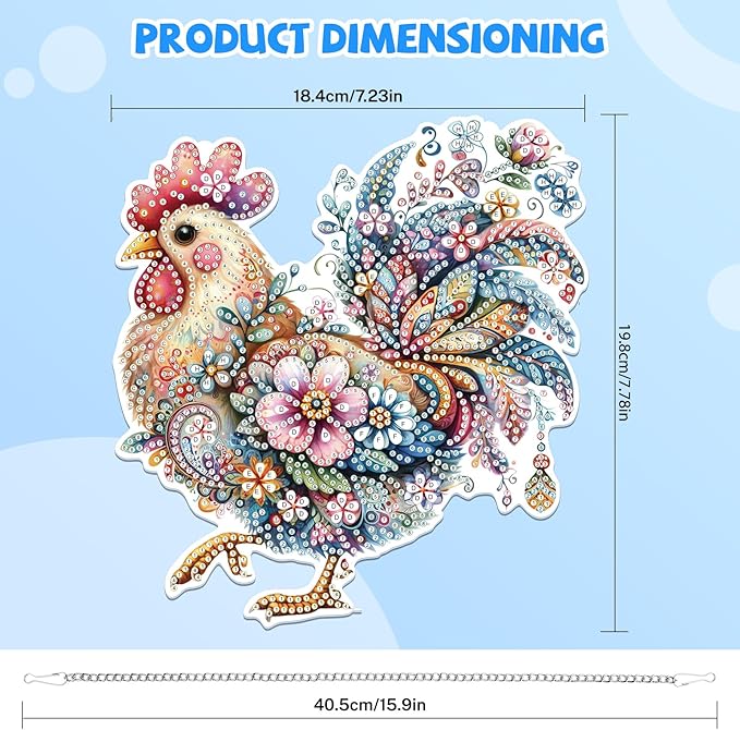 Bowetile Hanging Diamond Art Chicken Kits for Adults, 5D Special Shape Diamond Painting Rooster Pendant Kits, Animal Gem Art Suncatchers Painting Ornament for Home Garden Wall Window Decor