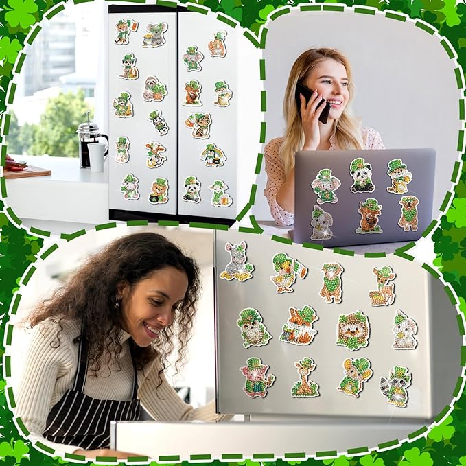 Xuhal 30 Pcs St Patrick's Day Diamond Painting Magnets Irish Animal Diamond Art Magnet Kits for Adults 5D Rhinestone Green Shamrocks Animal Refrigerator Magnetic Stickers for Fridge DIY Crafts Gifts