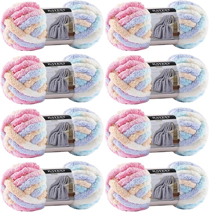 Chunky Chenille Yarn for Hand Knitting 8 Jumbo Pack Jumbo Chunky Yarn for Hand Soft Blanket Knitting, Bulky Thick Fluffy Yarn for Crocheting (Marshmallow Color)
