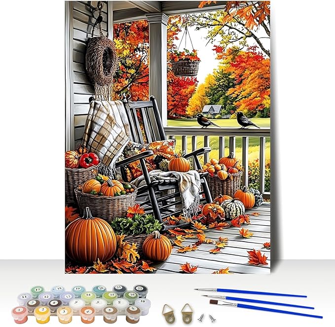 MAXBYE Paint by Numbers, Autumn Porch Adults' Paint by Number Kits, DIY Acrylic Paint Kit for Adults Beginners Unframed, Pumpkins Easy Oil Paint by Numbers Canva for Home Wall Decor 12x16inch