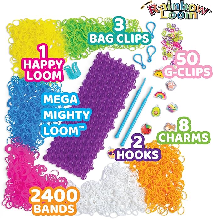 Rainbow Loom: Mega Mighty Loom - Rubber Band Jewelry Craft Kit, Large Loom Set for Intricate Bracelet Designs w/Cute-tique Charms-Hooks-Clips, Kid 6+