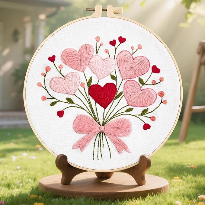 Heart Flower Embroidery Kits for Beginners Adults, Pink Embroidery Starter Kits, Counted Cross Stitch Kits for Adults Anniversary Valentine's Day Gift, Embroidery Hoops, Fabric Thread & Video Tutorial