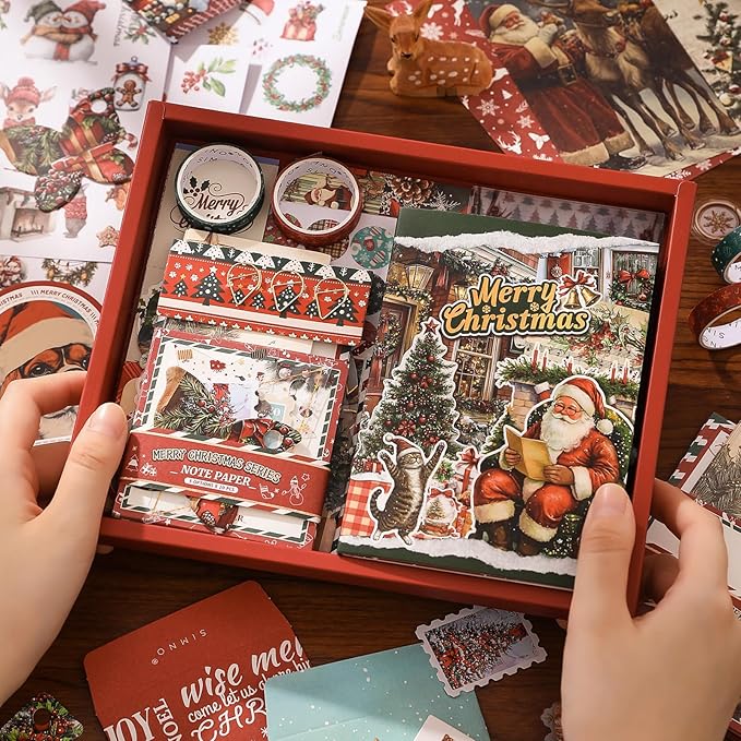 PRSTINCOL Christmas Scrapbook Kit Junk Journaling Supplies with A6 Notebook, 157 Pieces Stationery Set for DIY Gift, Teens Women - Vintage Style