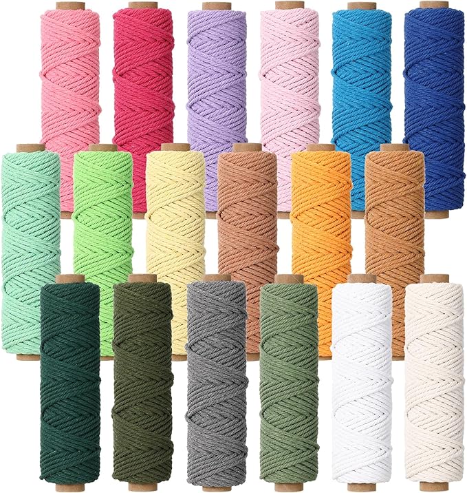 18 Rolls Macrame Cord 3mm x 594 Yards – Natural Colored Macrame Cotton Cord Rope Kit, 4 Strand Twisted Color Variety Yarn String for Wall Hanger, Plant Hanging, DIY Knitting, Macrame Supplies