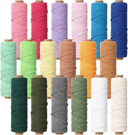 18 Rolls Macrame Cord 3mm x 594 Yards – Natural Colored Macrame Cotton Cord Rope Kit, 4 Strand Twisted Color Variety Yarn String for Wall Hanger, Plant Hanging, DIY Knitting, Macrame Supplies