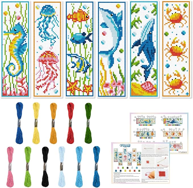 ORIGACH 6 Set Marine Animals Cross Stitch Bookmark Kit for Beginner with Backing Felt Floss Instructions DIY Stamped Embroidery Bookmark Kit for Adults, Book Lovers