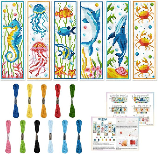 ORIGACH 6 Set Marine Animals Cross Stitch Bookmark Kit for Beginner with Backing Felt Floss Instructions DIY Stamped Embroidery Bookmark Kit for Adults, Book Lovers