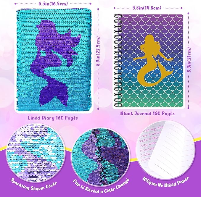 2-pack diy journal kit for girls ages 8-12 13 14 year olds, birthday gifts for teen girls, 110pcs art crafts scrapbook supplies for tween kids, kawaii diary stationary set with mermaid sequin journal