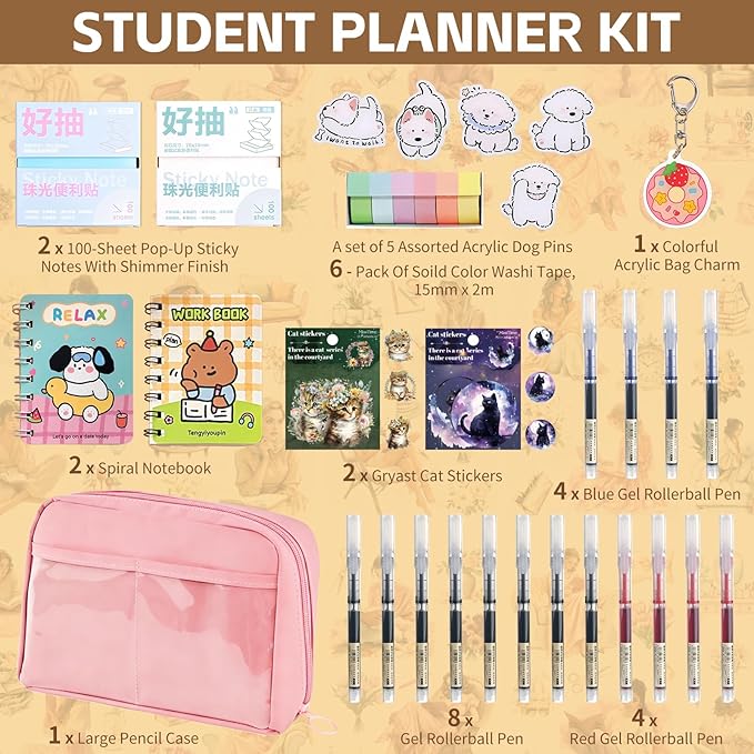 Gryast Complete Student Stationery Set Junk Journal Kit - All-in-One Scrapbook Supplies with Dog Pins, Pens, Stickers, Notebooks & More | Creative Journal Supplies for Memory Keeping(Pink)