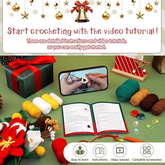Pnytty Crochet Kit for Beginner Adults, Flower Bouquet Crochet Starter Kit with Step-by-Step Video Tutorials Knitting Kit for Holiday, Home Decor, Anniversary Day Present