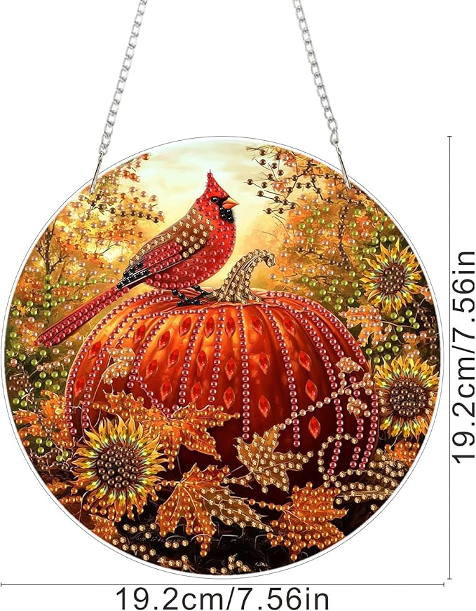 SENQAO Cardinal Diamond Art Hanging Kits for Adults Kids, Acrylic Diamonds Painting Pendant Board Kits Pumpkin, Diamond Art Painting Window Pendants Home Garden Wall Hanging Kits Hanging Ornament