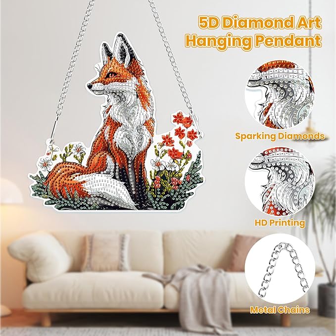 MOGTAA Fox Diamond Art Hanging Pendant Kits, 5D Special Shape Diamond Art Kits for Adults, Crystal Rhinestones Flowers Diamond Painting Gem Art for Home Garden Wall Decor