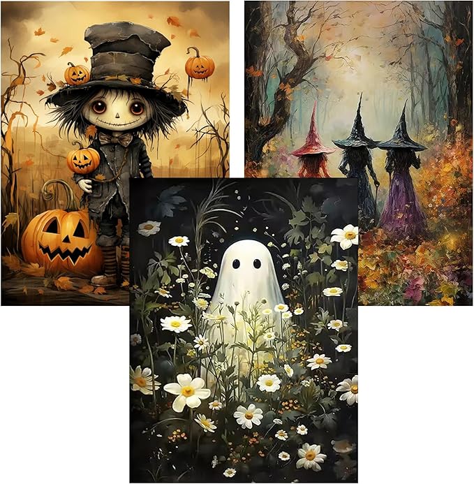 Meothan Halloween Diamond Art Kits for Adults - 3 Pack Ghost Witch Diamond Painting Kits for Adults, 5D DIY Round Full Drill Gem Art Paint by Diamonds Dots Crafts Kits for Home Decor Gift 12x16inch