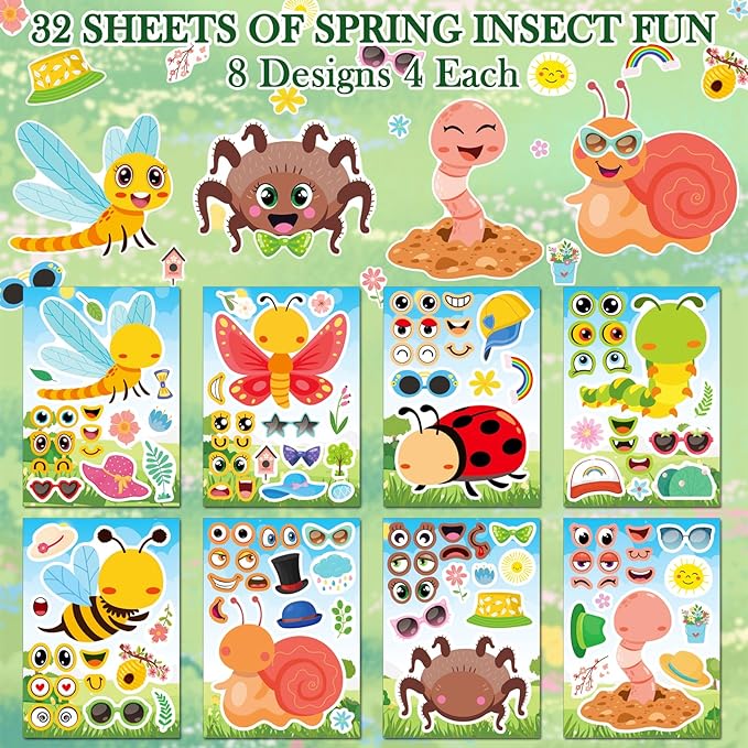 aowplc 32 sheets insect make-a-face stickers for kids, fun spring party supplies, crafts & classroom activities