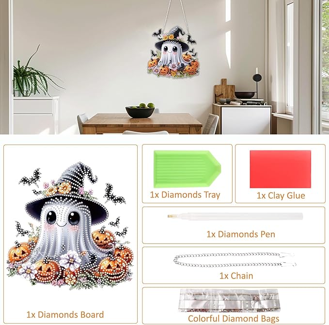 SENQAO Ghost Diamond Art Hanging Kits for Adults Kids, Acrylic Diamonds Painting Pendant Board Kits Halloween, Diamond Art Painting Window Pendants Home Garden Wall Hanging Kits Hanging Ornament