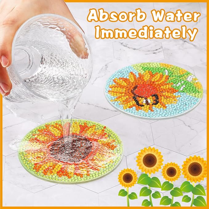 UPINS 8Pcs Sunflower Diamond Art Painting Coasters for Drinks DIY Coaster Diamond Art Kits for Adults Diamond Art Craft Supplies (Sunflower)