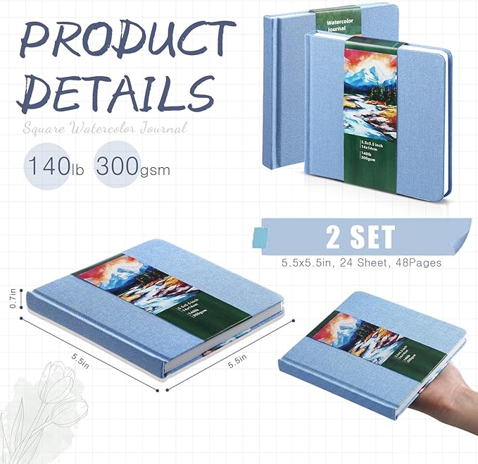 Dispowreath 2 Pcs 5.5 x 5.5 in Watercolor Sketchbook Journal Square Watercolor Notebook Cold Press 140lb 300gsm Cotton Paper 48 Pages Journals Notebook Paper Pads(Light Blue)