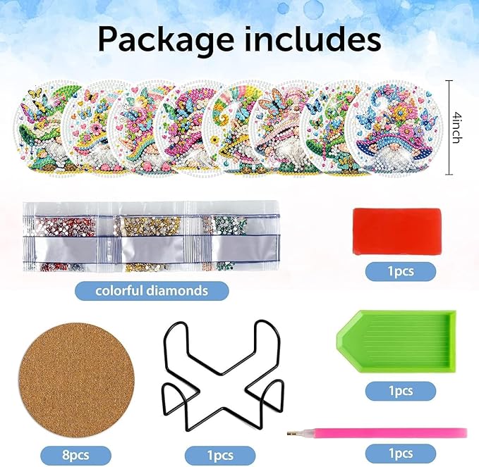 igoodom 8 Pcs Gnome Diamond Art Coasters Kit with Holder, DIY Gnome Diamond Painting Coasters for Beginners Adults, Non Slip Diamond Art Kits Craft Supplies 4x4inch