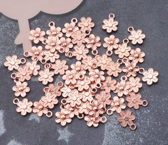 Ruwado 50 Pcs Little Flowers Charms Metal Vintage Cute Vintage Small Flower Pendants for Jewelry Making Kit Bracelet Necklace DIY Making Crafting Project Accessories Supplies (Rose Gold)