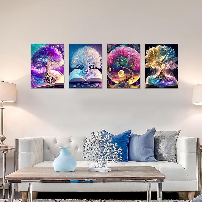 Muzagroo Art Diamond Painting Kits for Adults, DIY 5D Diamond Art Kits for Beginners, Tree of Life Canvas Arts and Crafts for Living Room, Kids Room 4 PCS Wall Art
