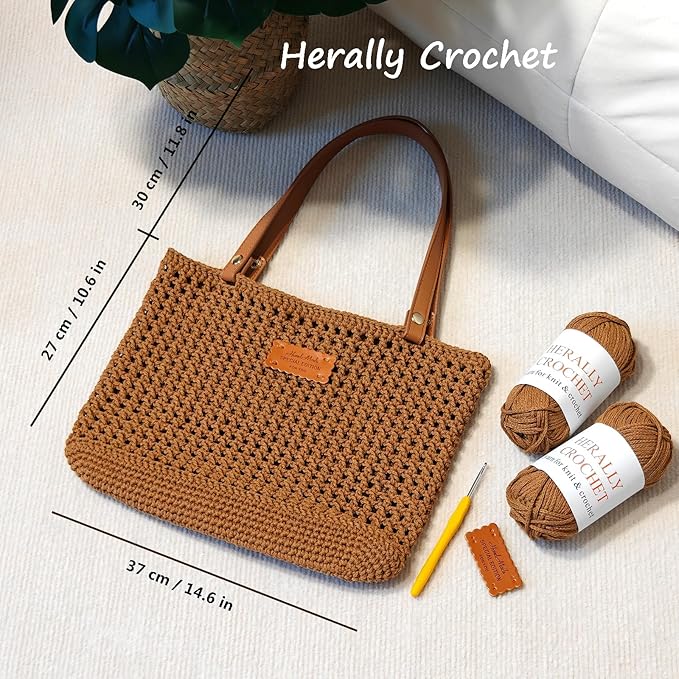Herally Crochet Kit DIY Bag for Beginners - Include Yarn, Hook and Accessory - with Step by Step Video Tutorials - Crochet Tote Bag (Caramel)