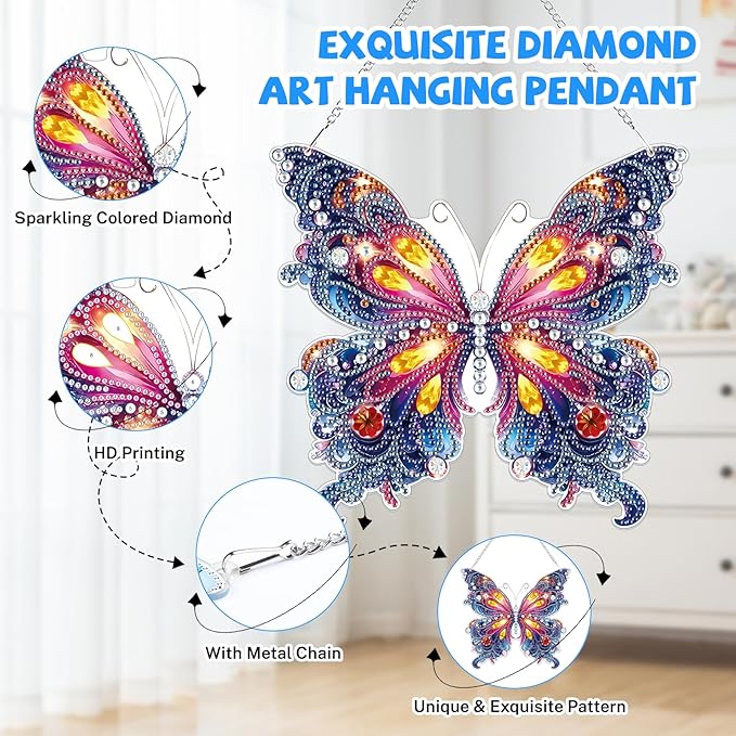 Bowetile Butterfly Diamond Art Hanging Kits for Adults, 5D Special Shape Diamond Painting Pendant Kits, Animal Gem Art Suncatchers Painting Ornament for Home Garden Wall Decor