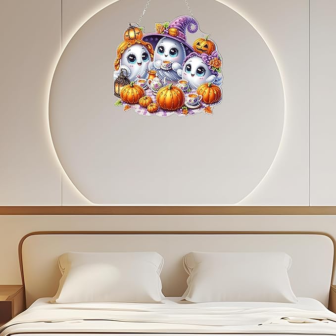 JJFox Diamond Art Hanging Kit for Adult,Special Shaped Rhinestone,Double Sided 5D DIY Acrylic Diamond Art Painting Window Pendants Home Garden Wall Hanging Kits Hanging Ornament (Halloween Ghost)