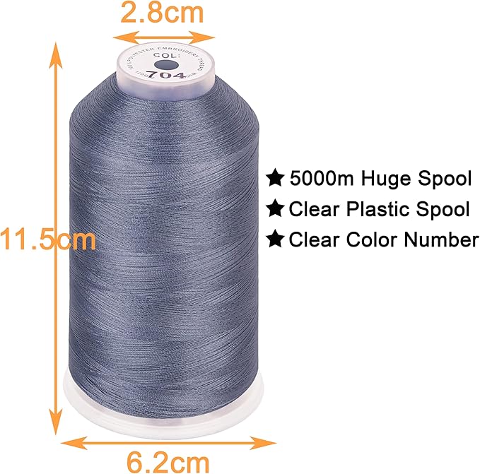 New brothread - Single Huge Spool 5000M Each Polyester Embroidery Machine Thread 40WT for Commercial and Domestic Machines - Pewter