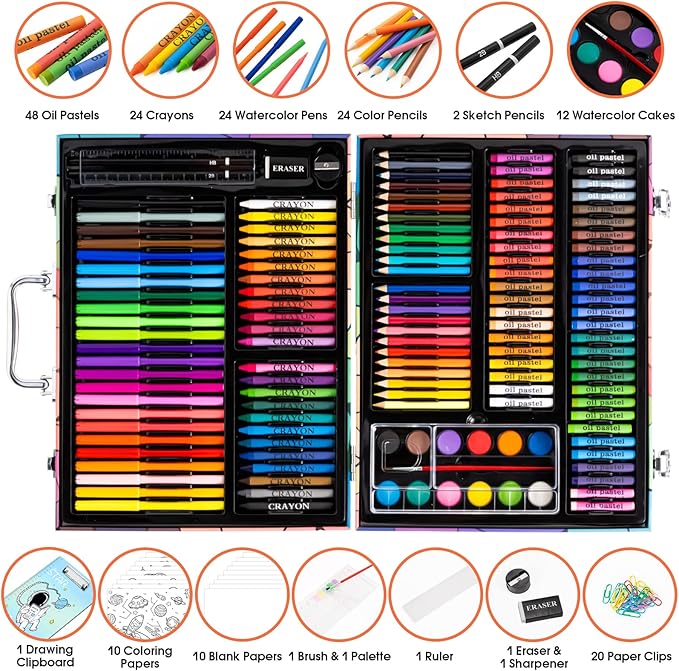 Art Supplies, 180 Pack Drawing Painting Set for Kids Girls Boys Teens, Coloring Art Kit Gift Case with Clipboard, Coloring Papers, Oil Pastels, Crayons, Colored Pencils, Watercolor Cakes, Markers