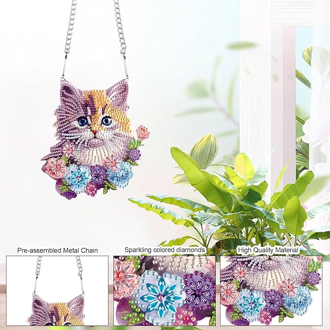 Cat Diamond Painting Hanging Kit, DIY Crystal Acrylic Sun Catcher Diamond Art for Adults, 5D Special Shaped Rhinestone Pendant Ornament for Window Wall Decoration, Handmade Gift for Cat Lovers