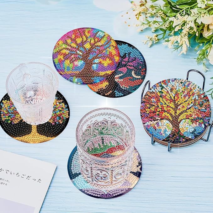igoodom 8 Pcs Tree of Life Diamond Art Coasters Kit with Holder, DIY Tree Diamond Painting Coasters for Beginners Adults, Non Slip Diamond Art Kits Craft Supplies 4x4inch