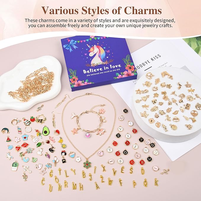 408Pcs Gold Charm Bracelet Making Kit for Girls, Including 12 Bracelet Chains, 152 Charms, 200 Jump Rings, 20 Earing Hook, 2 Necklace, 1 Jewelry Plier for DIY Crafting and Jewelry Making for Adults