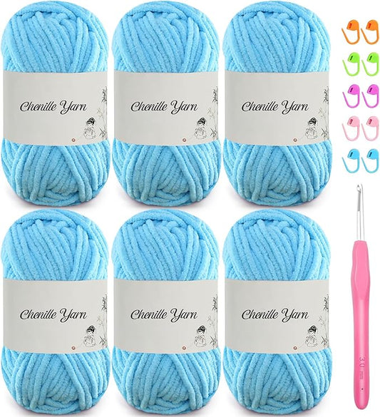 SIMEIQI 6 Pack of 1.76oz Chenille Yarn for Crocheting,60yards Soft Fluffy Velvet Yarn, Ideal Crochet for DIY Baby Blankets Toys Scarves Throw Pillows Hats Cushions(Sky Blue)