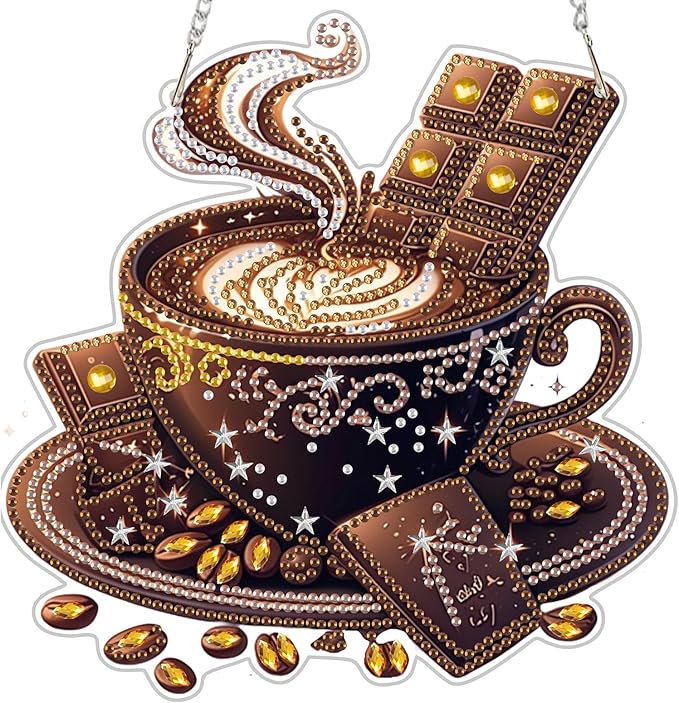 Diamond Art Hanging Kit for Adult, Cozy Morning: Sipping Coffee, Double Sided Acrylic Special Shaped Diamond Art Painting Window Pendant Hot Chocolate Coffee , Home Garden Wall Hanging Ornament Kits
