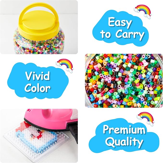 inscraft 2 buckets of fuse beads, 46,000 pcs 5mm iron beads for kids crafts, 30 colors with 6 pegboards, 10 ironing paper, 20 patterns, gifts for birthday christmas, multicolor refill kit