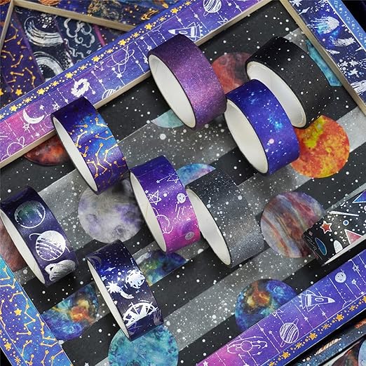 YUBBAEX Galaxy Washi Tape Set Starry Gold Silver Foil Decorative Tapes for Arts, DIY Crafts, Journals, Planners, Scrapbook, Wrapping (Universe 19 Rolls)