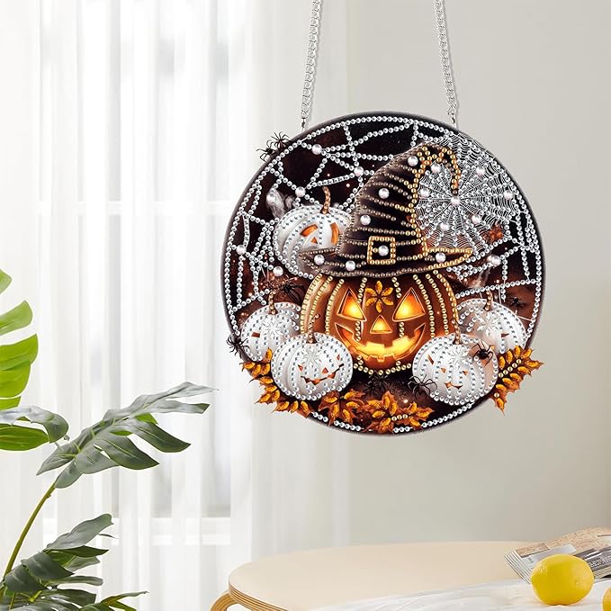 Reofrey Hanging Diamond Art Kits for Adults - 8x8 Inch Halloween Pumpkin Acrylic Board Double Sided Pattern Diamond Art Suncatcher Pendant, Crystal Art for Home Wall Windows Decoration Handmade Gift