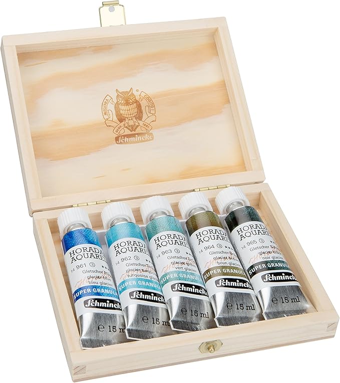 Schmincke - HORADAM® AQUARELL, Super Granulation Set Glacier, 5 x 15 ml tubes, 74 840 097, wooden box, very strong granulating colors, finest supergranulating watercolors