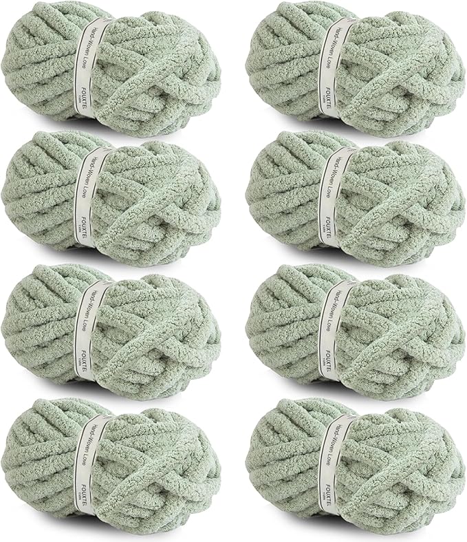8 Jumbo Packs Chunky Chenille Yarn for Crocheting, 31.7 yds, 8 oz Each Skein Bulky Thick Fluffy Yarn for Knitting, Super Bulky Chunky Yarn for Hand Knitting Blanket, Soft Plush Yarn - Sage Green