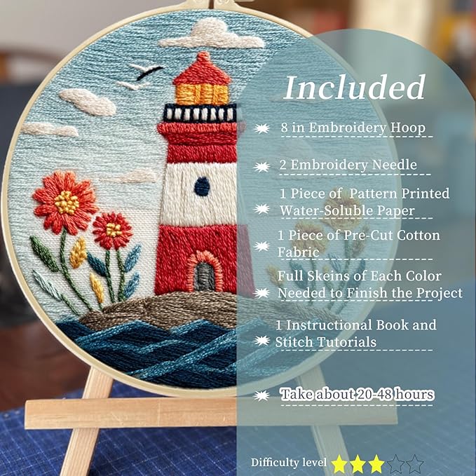 FONNUY Embroidery Kit for Beginners, Lighthouse Landscape Flowers Pre-Stamped Pattern Kits for Adults with Hoop, Easy to Follow Color Thread Needlework, 8'' Hoop (Blue)