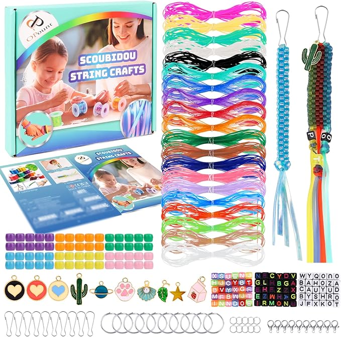 PP OPOUNT Christmas DIY Lanyard String Kit, 20 Rolls Boondoggle String with Instruction for Beginners & 220 Beads, Festive Craft Kit for Making Bracelets Key Chains Holiday Decorations