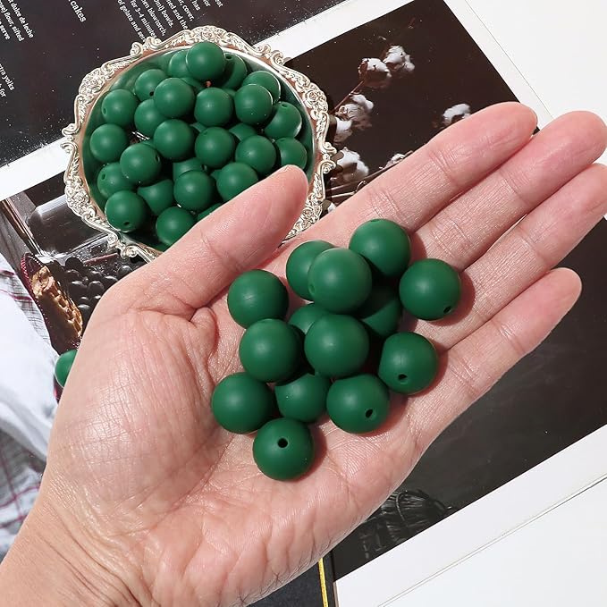 120pcs Richbunnys 15mm Bulk Silicone Beads for Pens and Keychain Making,Large Bead for Necklace and Bracelets Making,Assorted Rubber Beads Set（Dark Green）