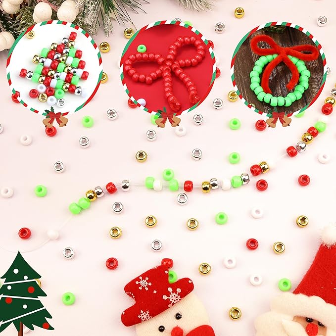 1000 Pcs Christmas Pony Beads Plastic Bead for Bracelets Christmas Beads for Jewelry Making Red Green White Gold Silver Pony Bead for Crafts Suit for 14 Years of Age and Older