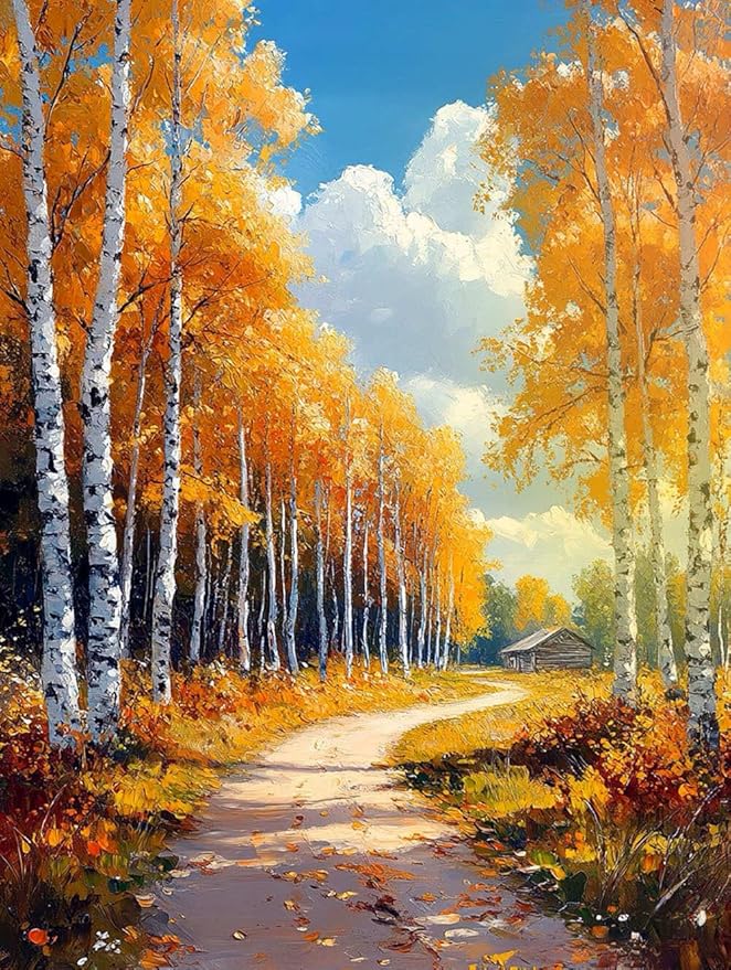 PINFFSHU Autumn Scenery Diamond Painting Kits for Adults 5D Sparkling Birch Forest Path Artwork Diamond Art Kits for Adults Full Drill Diamond Art Painting Kits Gem Art Kits for Wall Decor 12x16 Inch