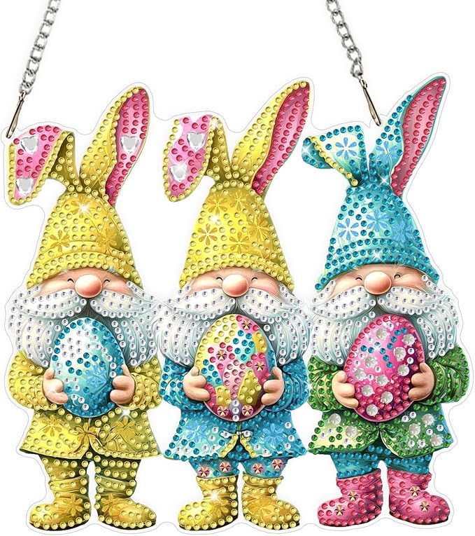 Easter Gnome Diamond Art Hanging Ornaments Kits for Adults, Diamond Painting Pendant Kits, DIY Acrylic 5D Special Shaped Crystal Gem Art Painting Ornament for Home Wall Easter Decor Gift 8x8 Inch
