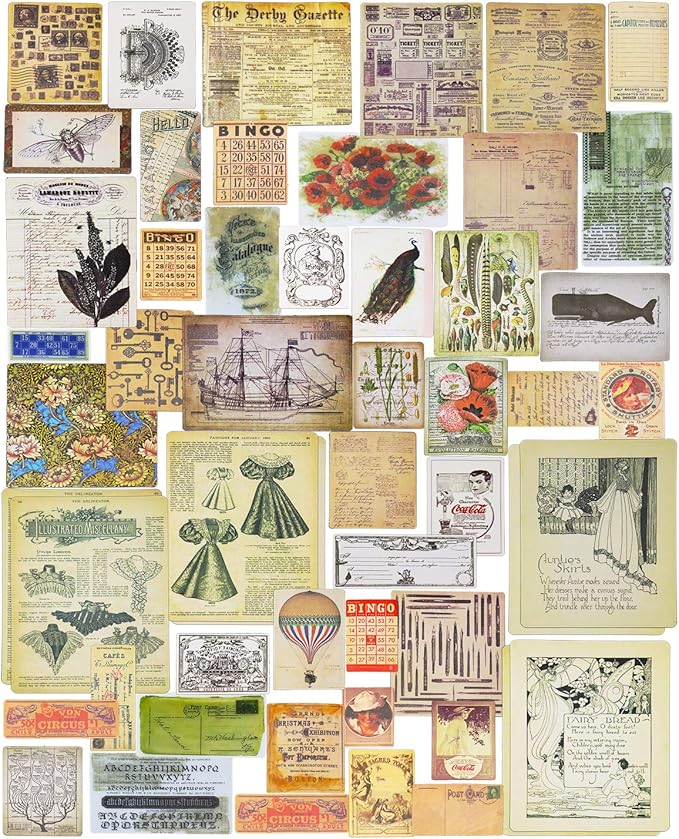 CATaireen Vintage Junk-Journal Mixed Paper Scrapbooking Embellishments Set Retro Journaling Decoupage Stickers Textured Packaging Decorative Cards Tags Kit (Old Memory)